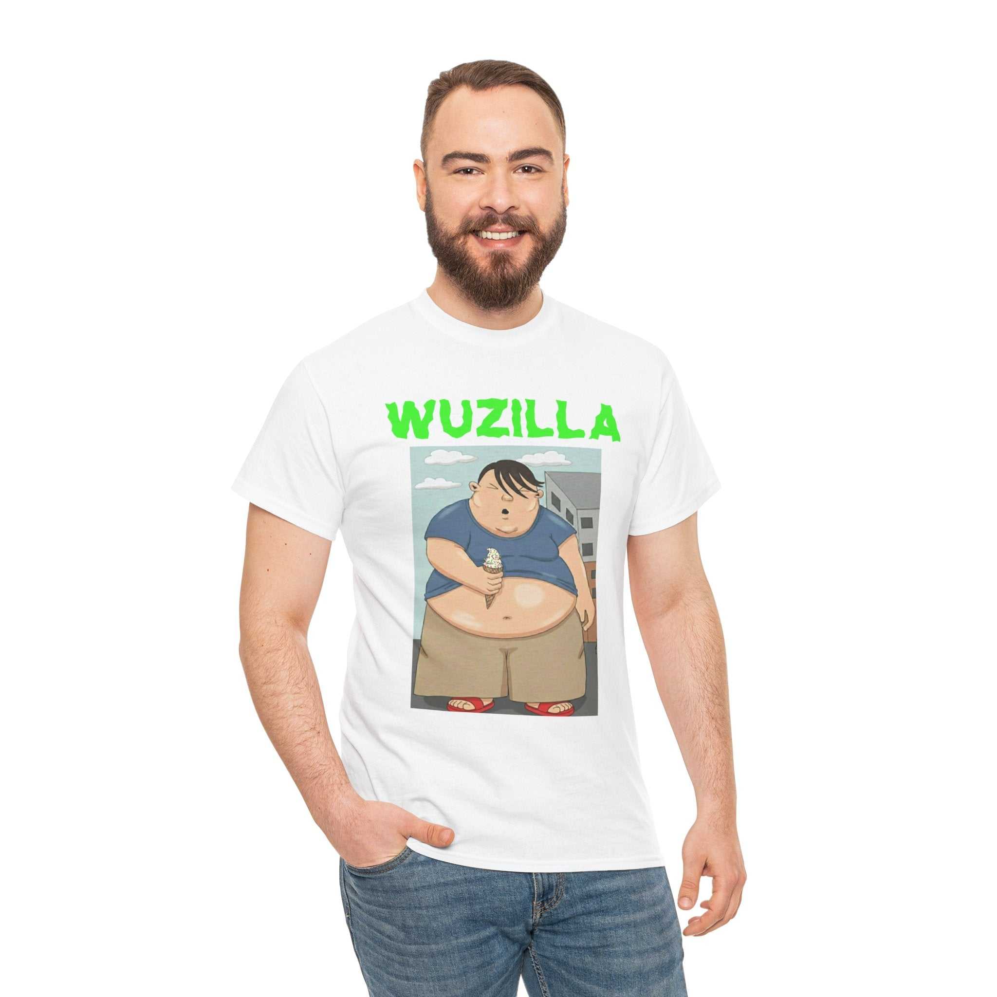 Cartoon monster boy eating rainbow sprinkle ice cream on unisex t-shirt