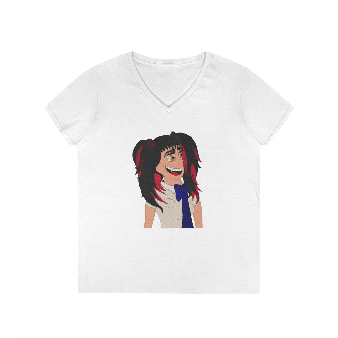 Anime Vampire Girl with Pigtails V-Neck T-Shirt | Cheerful Manga Character