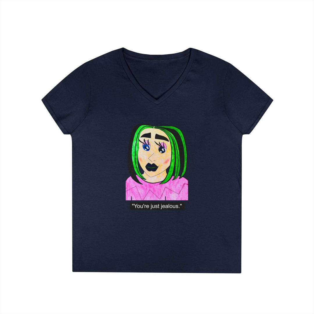 Cyberpunk gothic anime girl V-neck tee featuring layered necklaces and neon green hair design