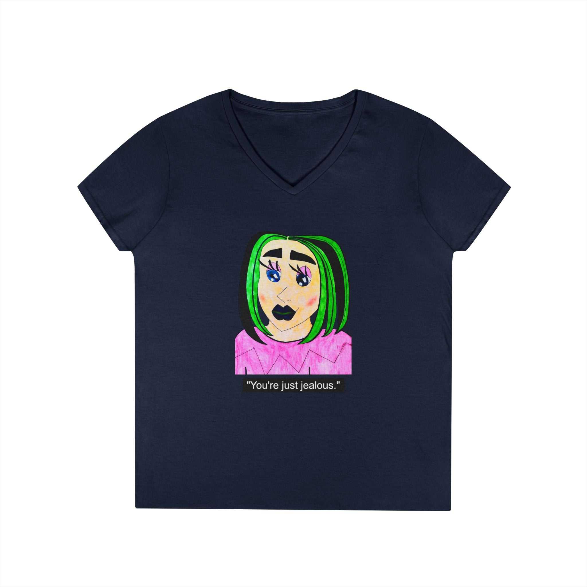 Cyberpunk gothic anime girl V-neck tee featuring layered necklaces and neon green hair design
