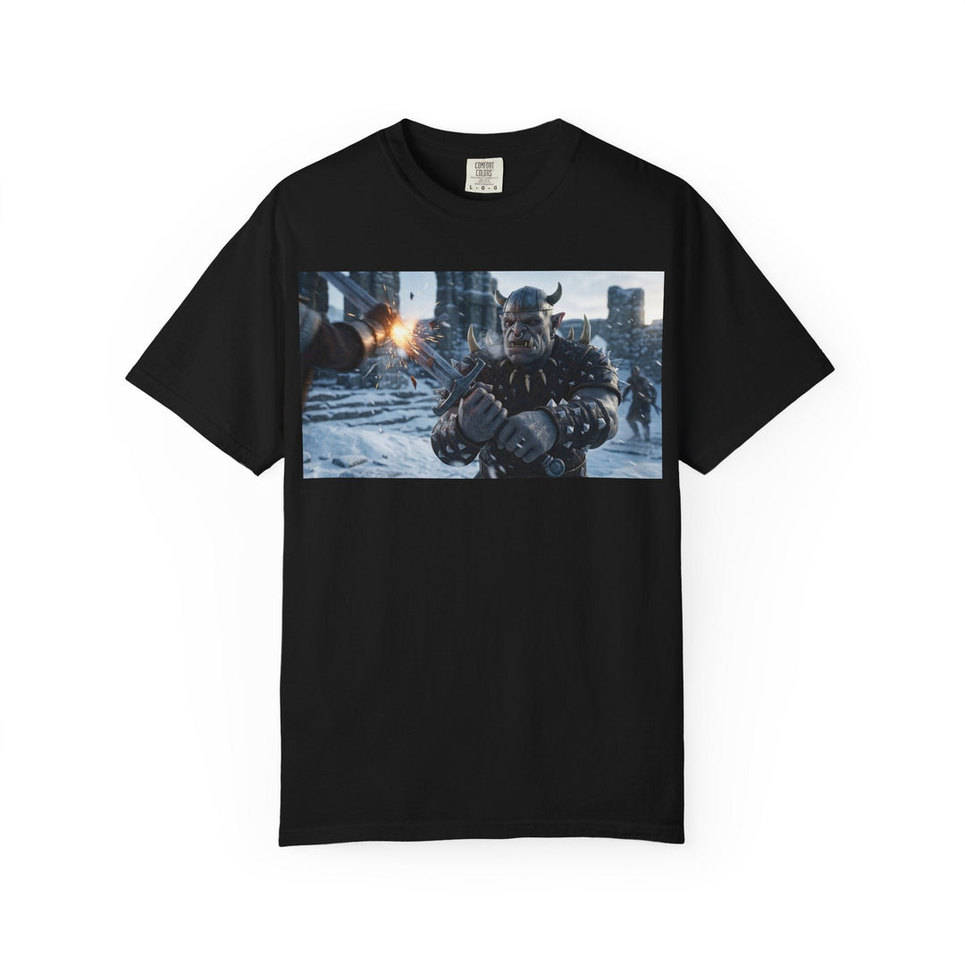 Viking Warrior Battle Scene T-shirt featuring helmeted Norse fighter amid smoke and stone on vintage garment-dyed cotton