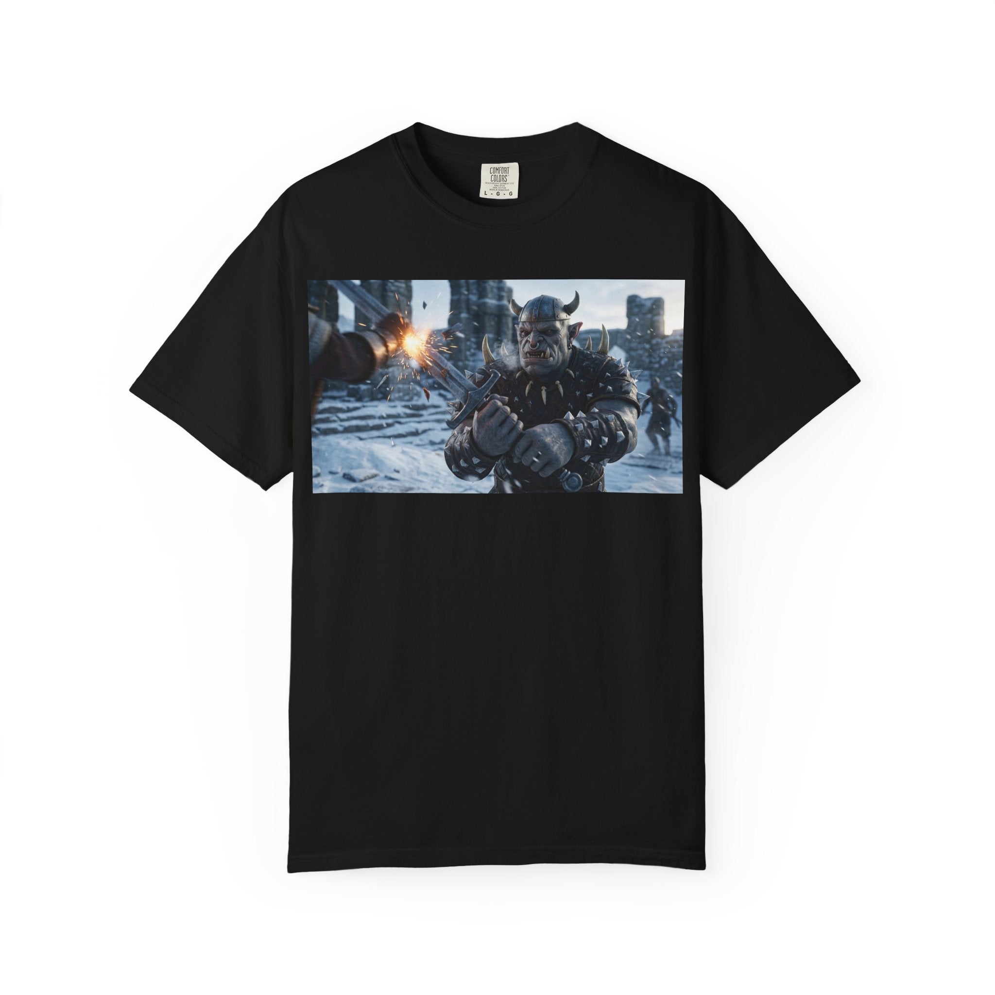Viking Warrior Battle Scene T-shirt featuring helmeted Norse fighter amid smoke and stone on vintage garment-dyed cotton