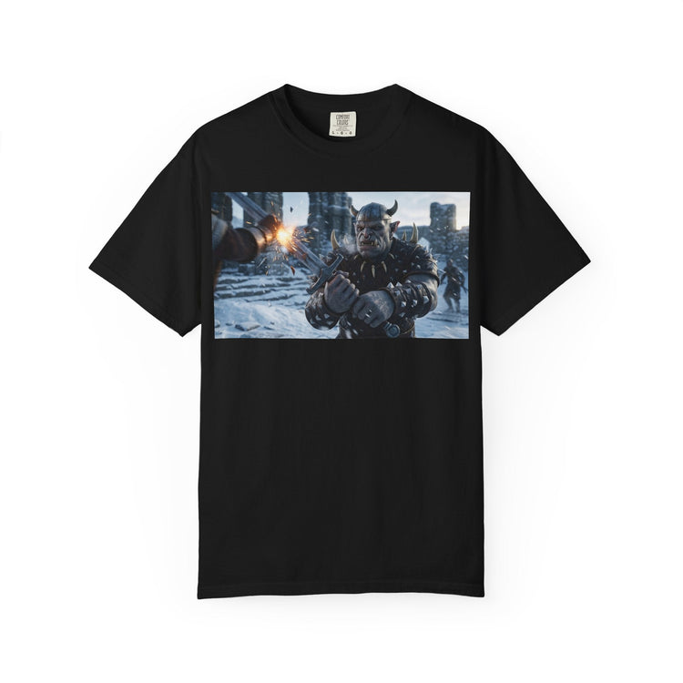 Viking Warrior Battle Scene T-shirt featuring helmeted Norse fighter amid smoke and stone on vintage garment-dyed cotton