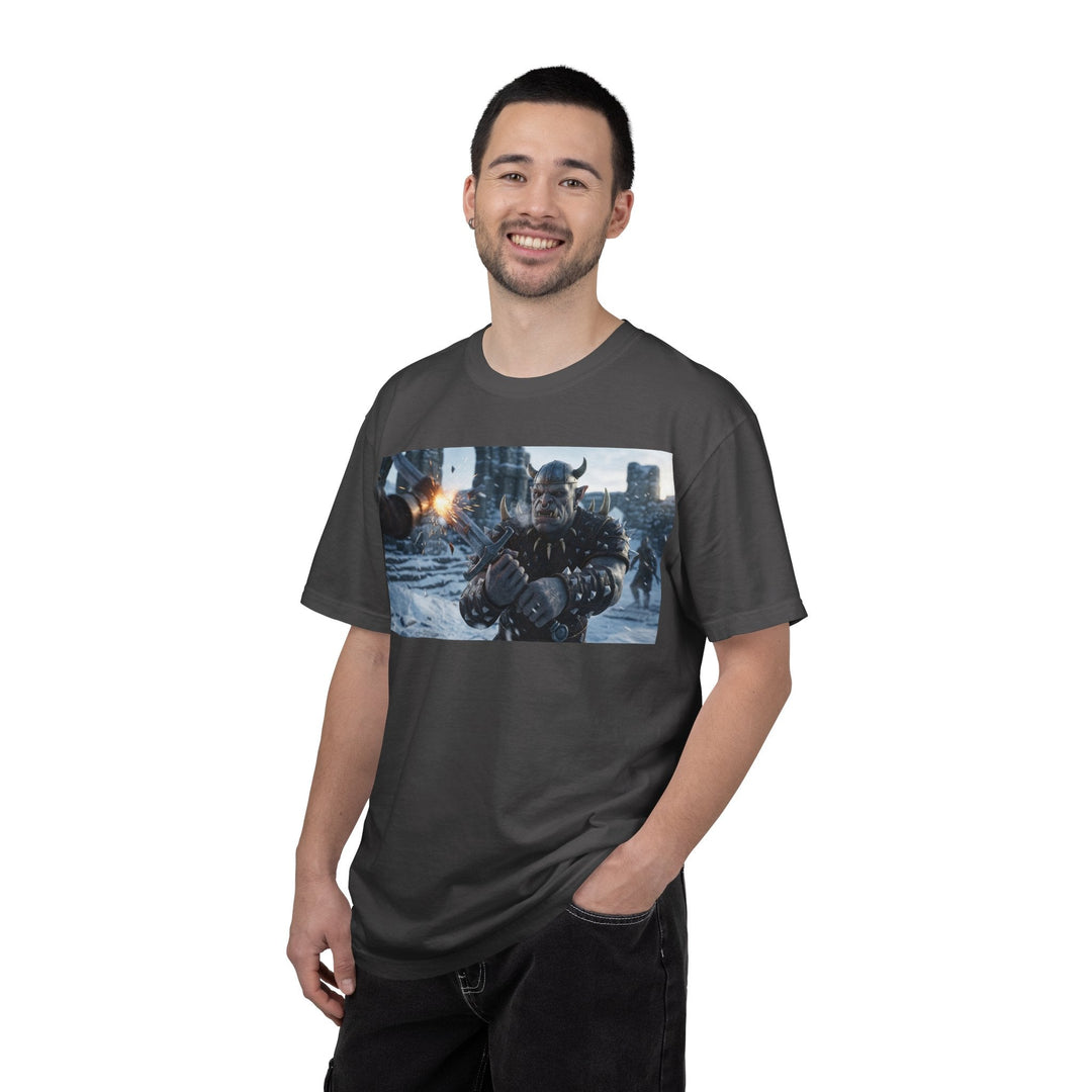 Viking Warrior Battle Scene T-shirt featuring helmeted Norse fighter amid smoke and stone