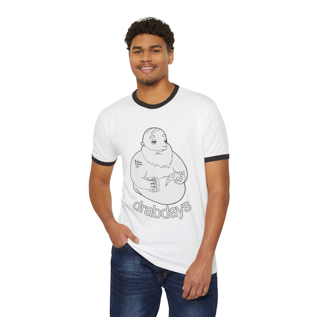 Bearded guy cartoon enjoying pizza and soda on a late-night snacks T-shirt with contrast collar and sleeve bands
