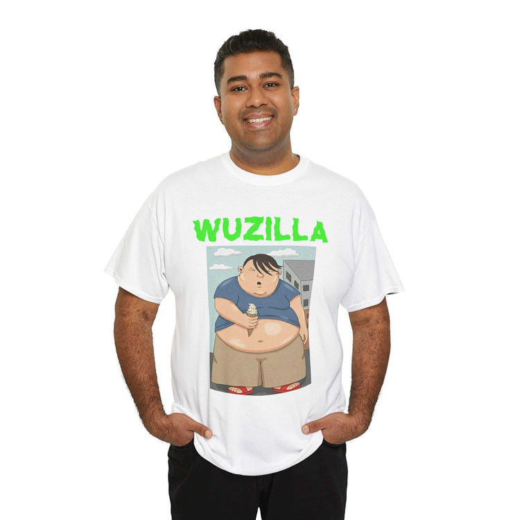 Cartoon monster boy eating rainbow sprinkle ice cream on unisex t-shirt design
