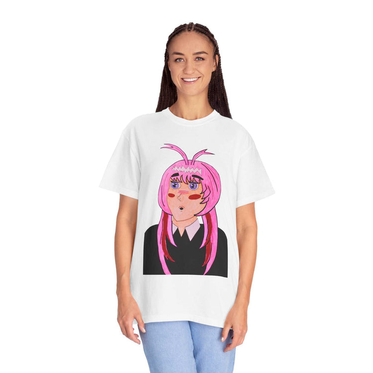 Relaxed fit T-shirt featuring vibrant anime pink-haired girl portrait on plush cotton fabric