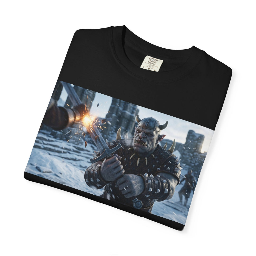 Viking Warrior Battle Scene t-shirt featuring helmeted Norse fighter amid smoky battle background on garment-dyed cotton fabric