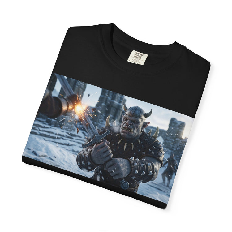 Viking Warrior Battle Scene t-shirt featuring helmeted Norse fighter amid smoky battle background on garment-dyed cotton fabric