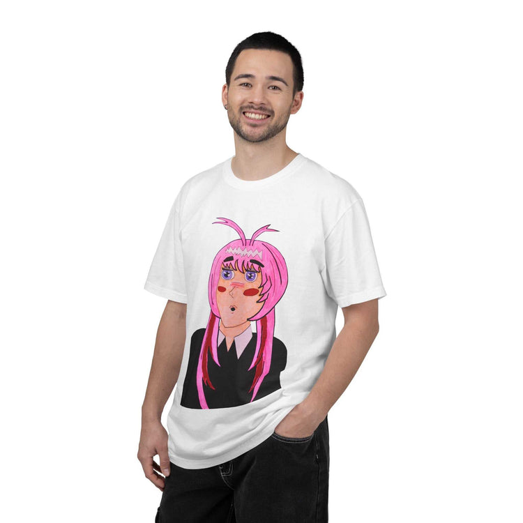 Relaxed fit T-shirt featuring vibrant anime pink-haired girl portrait on plush cotton fabric