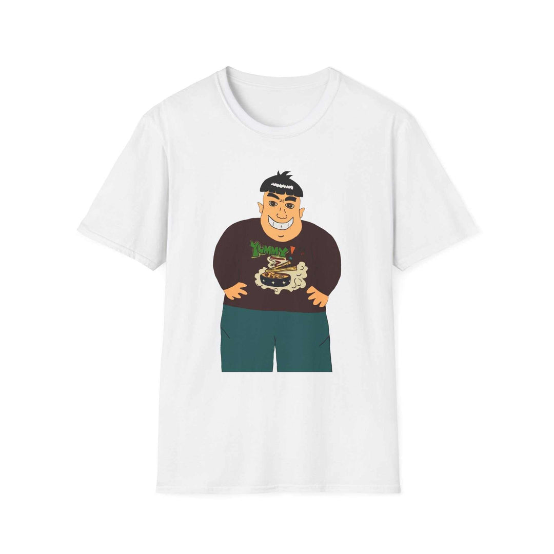 Cartoon big guy eating ramen illustration on a comfortable cotton t-shirt