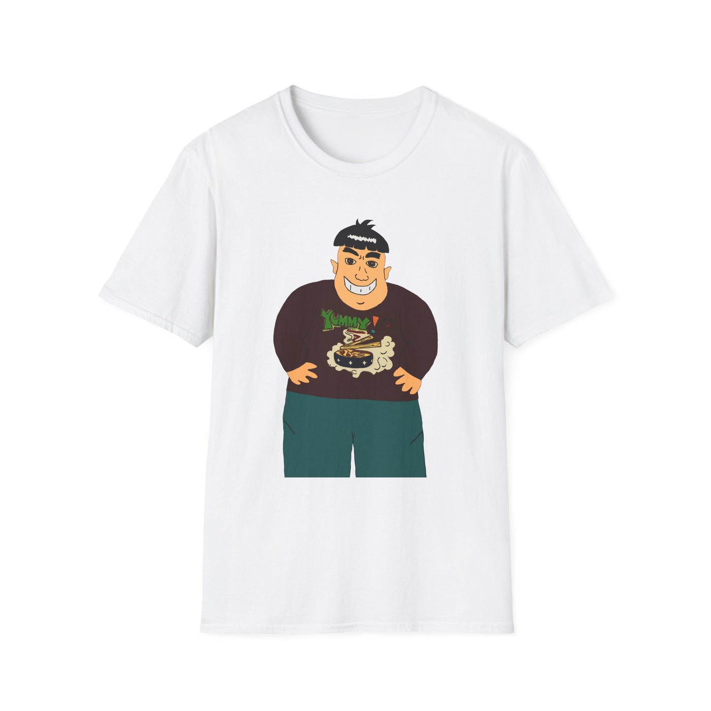 Cartoon Big Guy Eating Ramen T-Shirt | Funny Noodle Bowl Illustration
