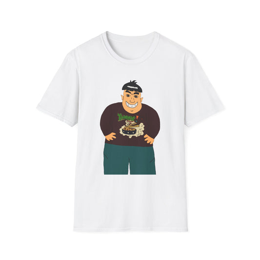 Cartoon Big Guy Eating Ramen T-Shirt | Funny Noodle Bowl Illustration