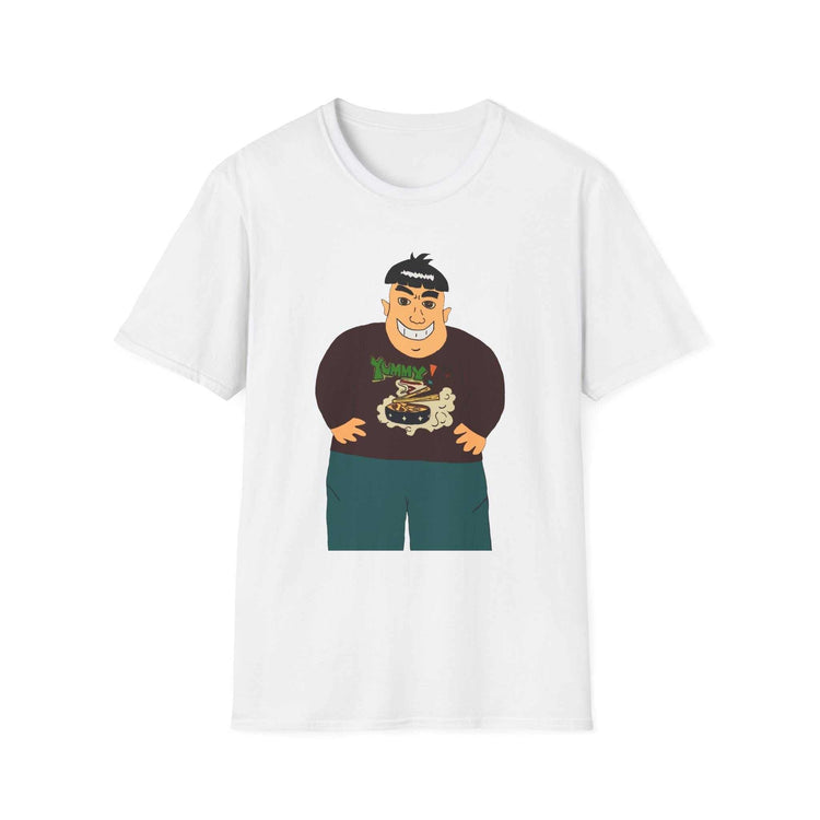 Cartoon big guy eating ramen illustration on a comfortable cotton t-shirt