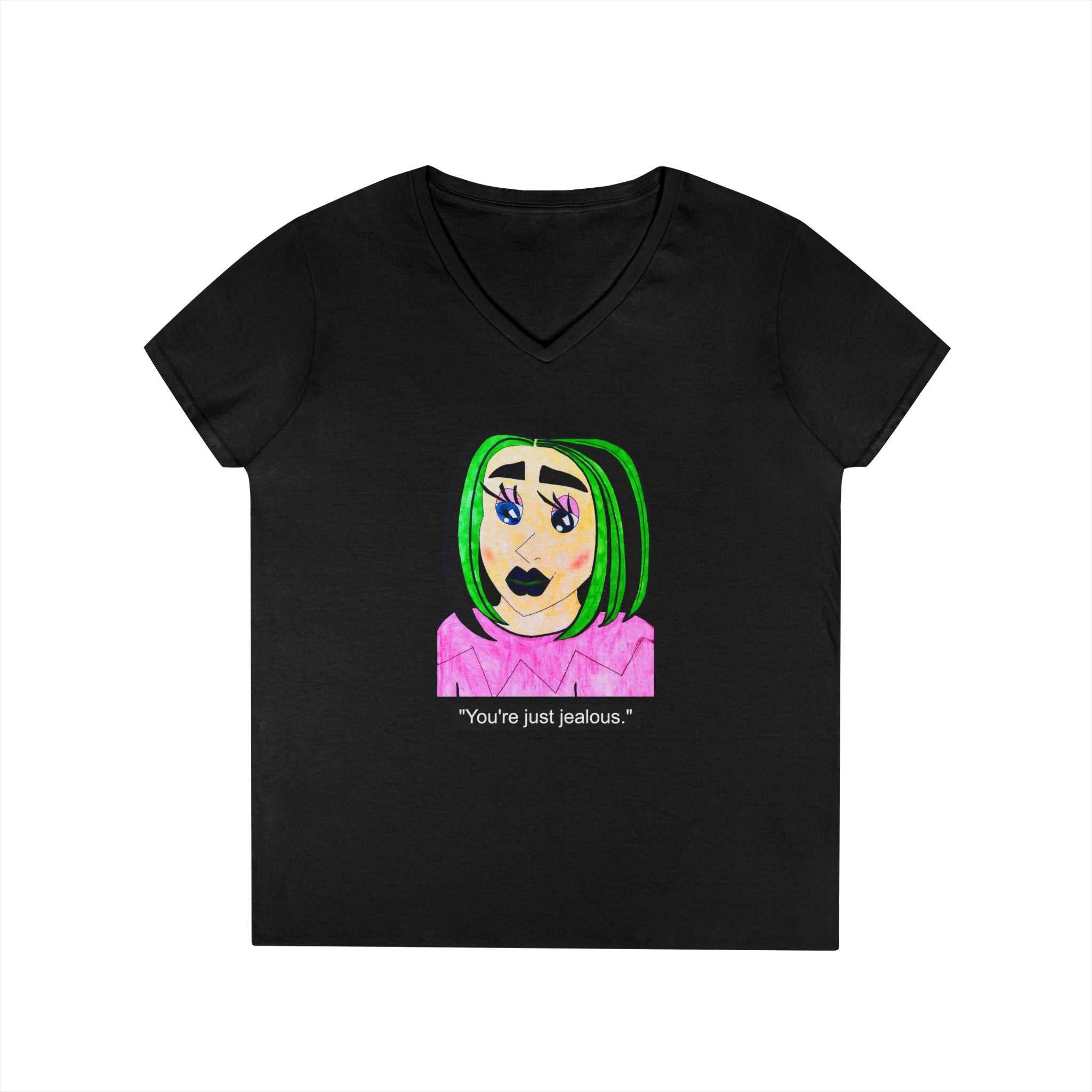 Cyberpunk gothic anime girl V-neck tee featuring layered necklaces and neon green hair design