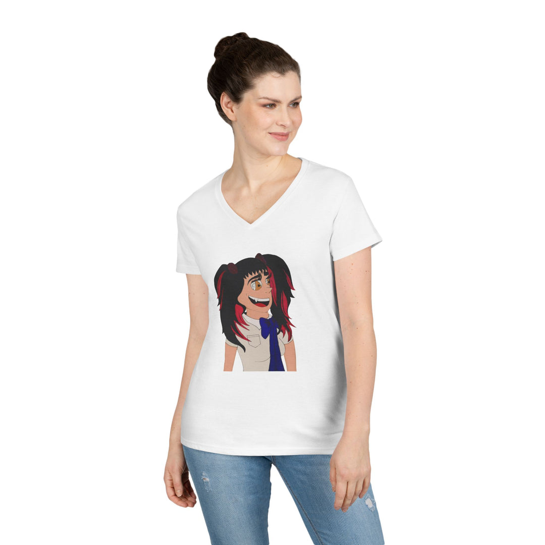 Anime Vampire Girl with Pigtails V-Neck T-Shirt | Cheerful Manga Character