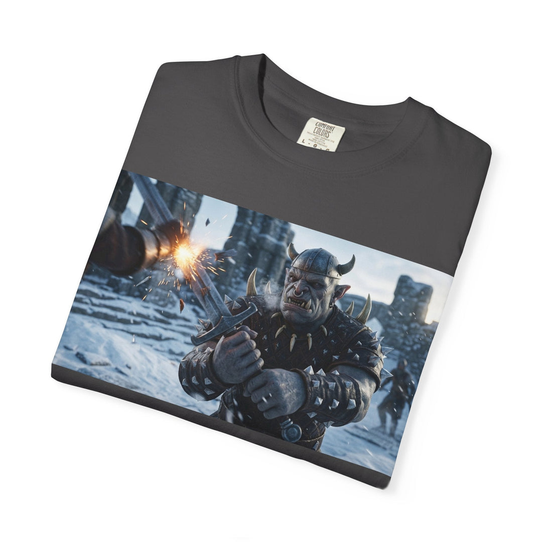 Viking Warrior Battle Scene T-shirt with helmeted Norse fighter in smoky battle design on garment-dyed cotton fabric