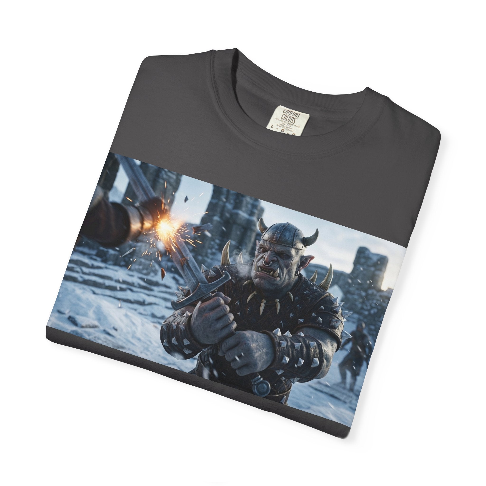Viking Warrior Battle Scene T-shirt with helmeted Norse fighter in smoky battle design on garment-dyed cotton fabric