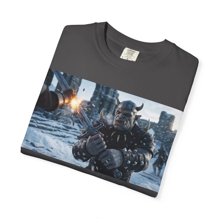 Viking Warrior Battle Scene T-shirt with helmeted Norse fighter in smoky battle design on garment-dyed cotton fabric