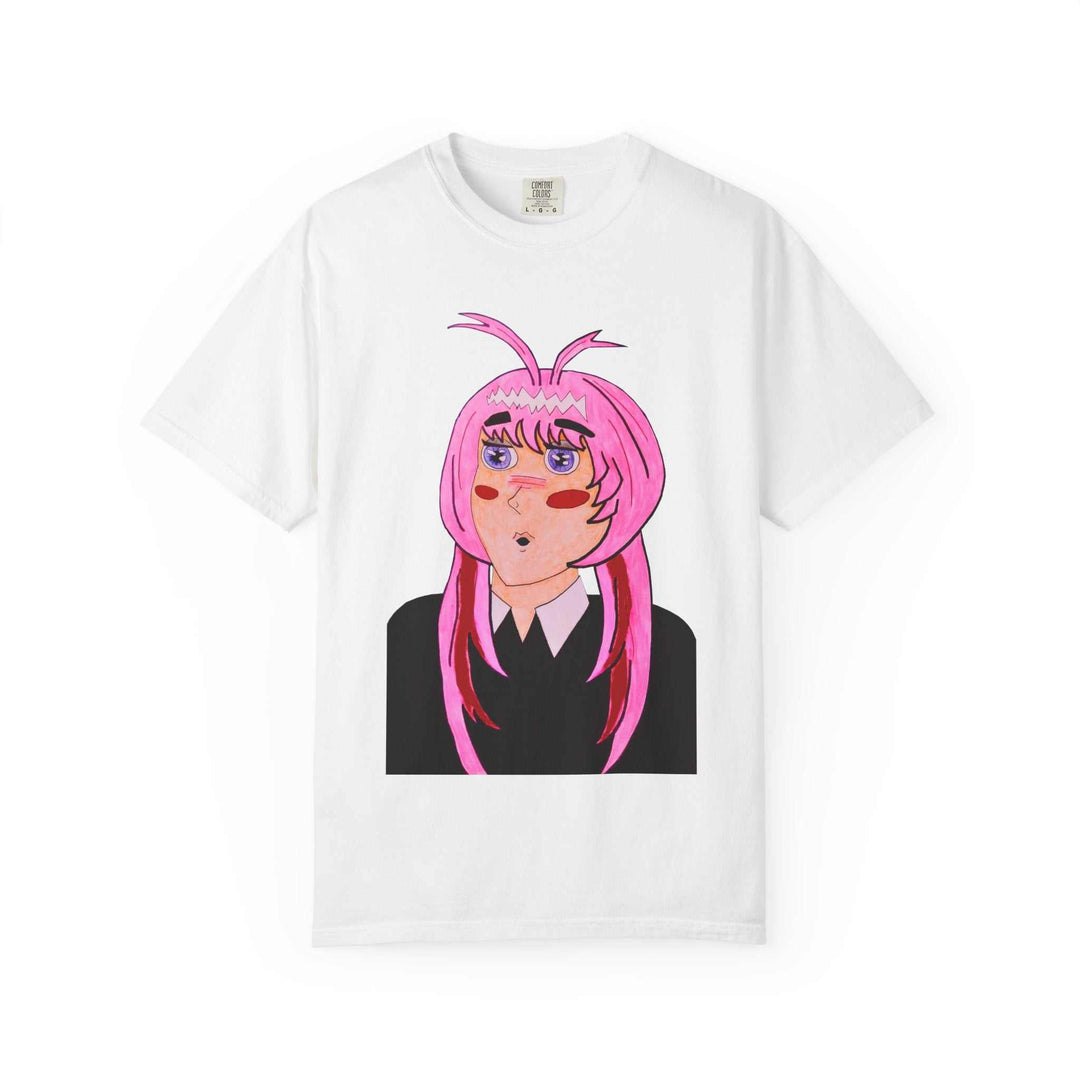 Relaxed fit T-shirt with anime pink-haired girl portrait design on plush cotton fabric