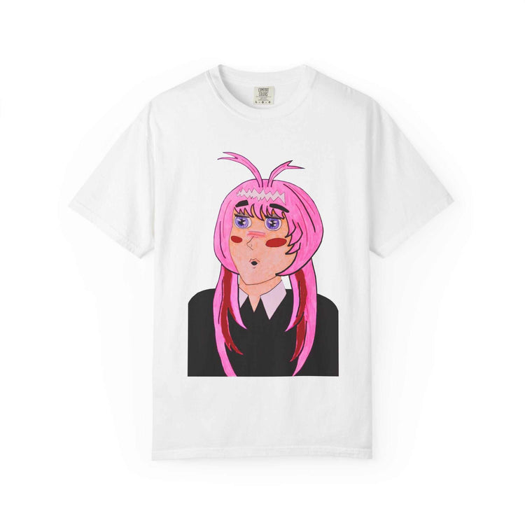Relaxed fit T-shirt with anime pink-haired girl portrait design on plush cotton fabric