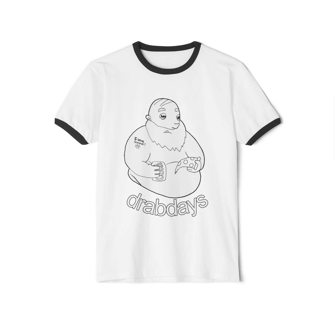 "Bearded man cartoon eating pizza and drinking soda on a ringer tee