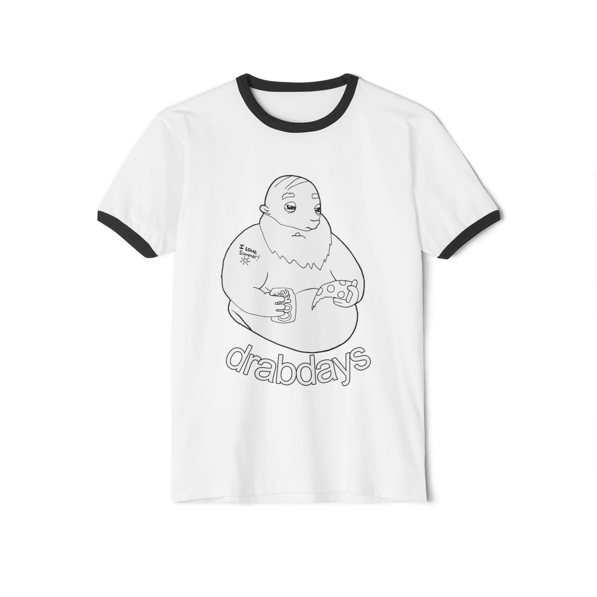 "Bearded man cartoon eating pizza and drinking soda on a ringer tee