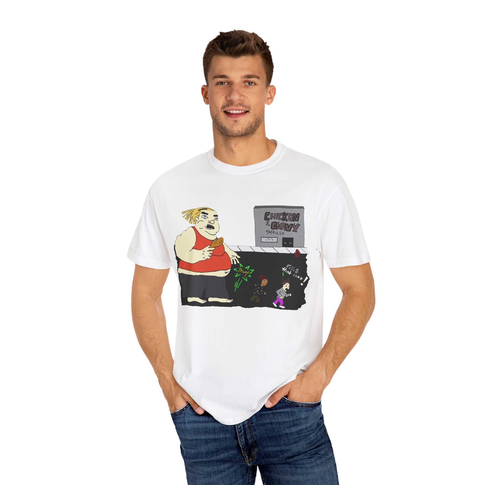 Funny cartoon unisex garment-dyed casual fashion t-shirt in vibrant colors