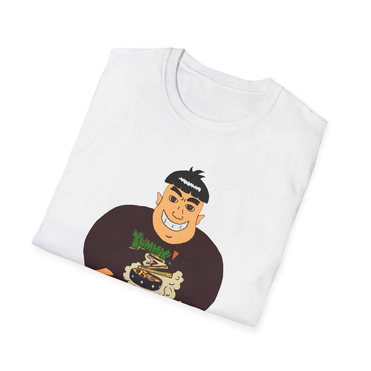 Cartoon big guy eating ramen illustration on a comfortable cotton t-shirt
