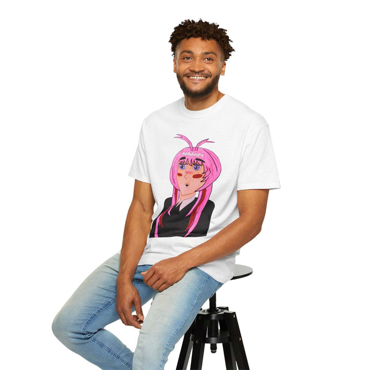 Relaxed fit T-shirt featuring vibrant anime pink-haired girl portrait on plush cotton fabric