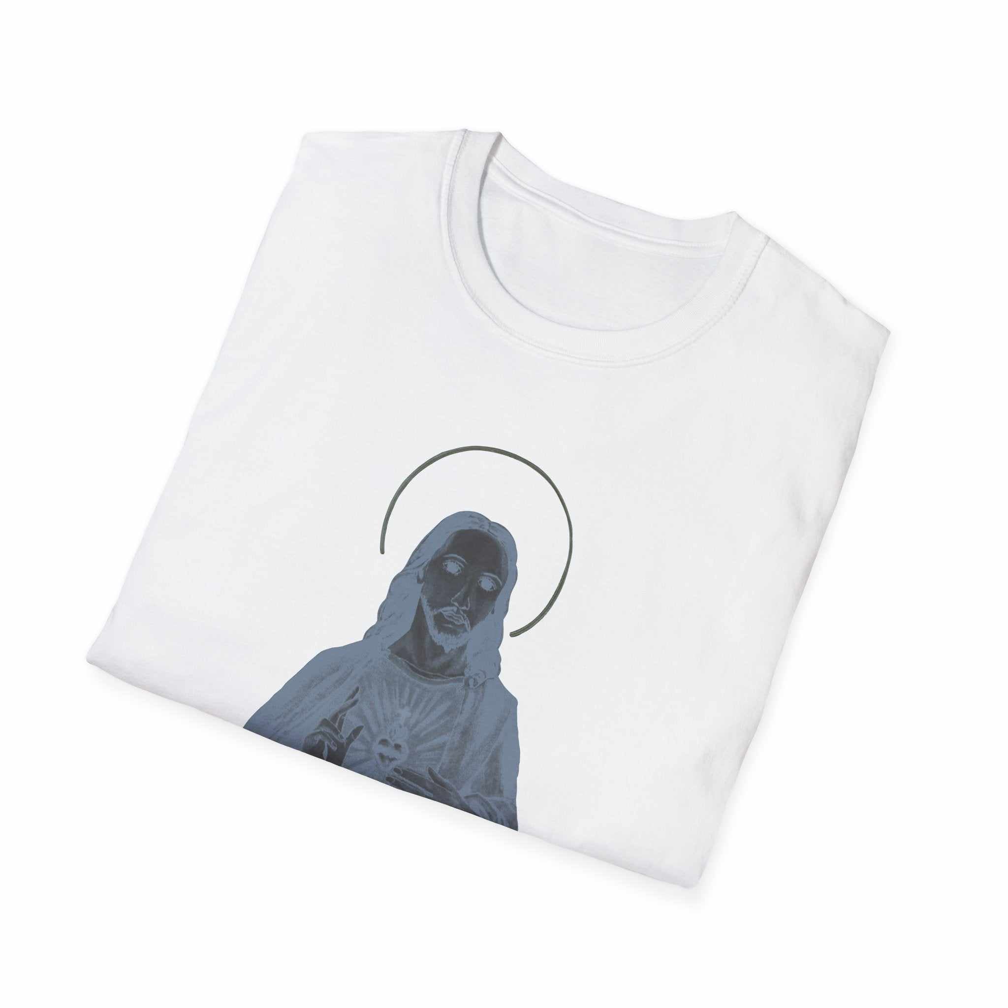 Soft breathable Jesus Christ T-shirt with ghostly haloed figure and distressed art print on lightweight cotton