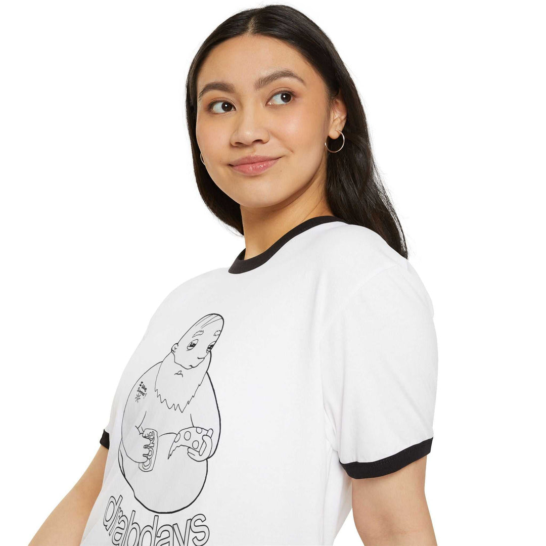 Bearded guy cartoon enjoying pizza and soda on a late-night snacks T-shirt with contrast collar and sleeve bands