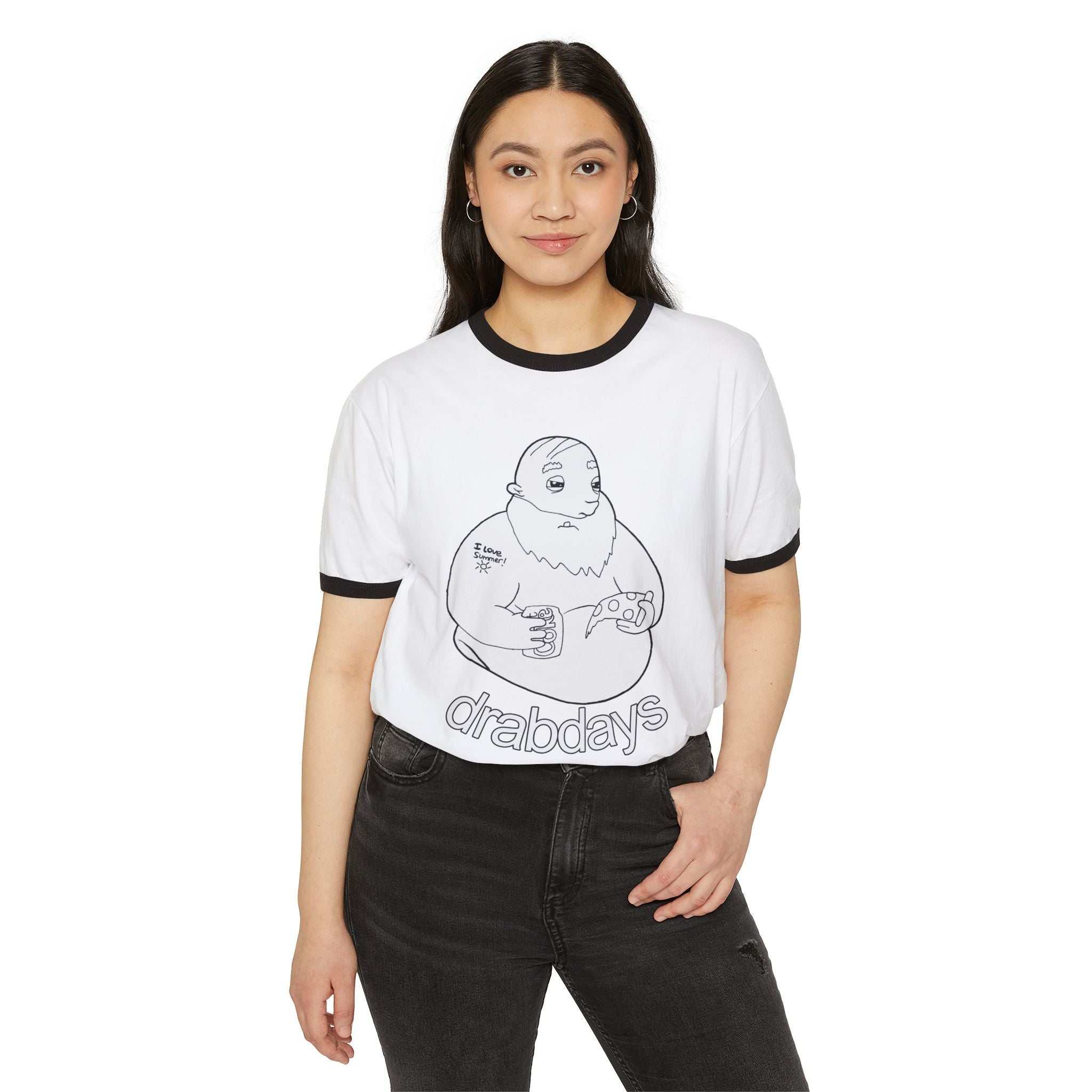 Bearded guy cartoon enjoying pizza and soda on a late-night snacks T-shirt with contrast collar and sleeve bands