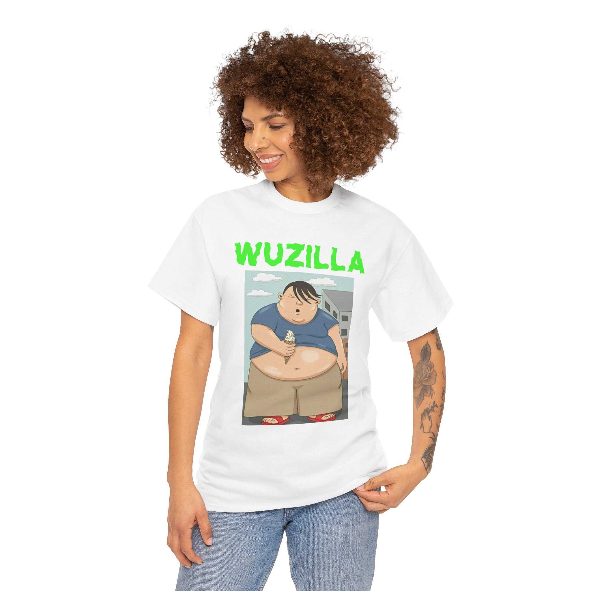 Cartoon monster boy eating ice cream on unisex t-shirt with vibrant rainbow sprinkles design