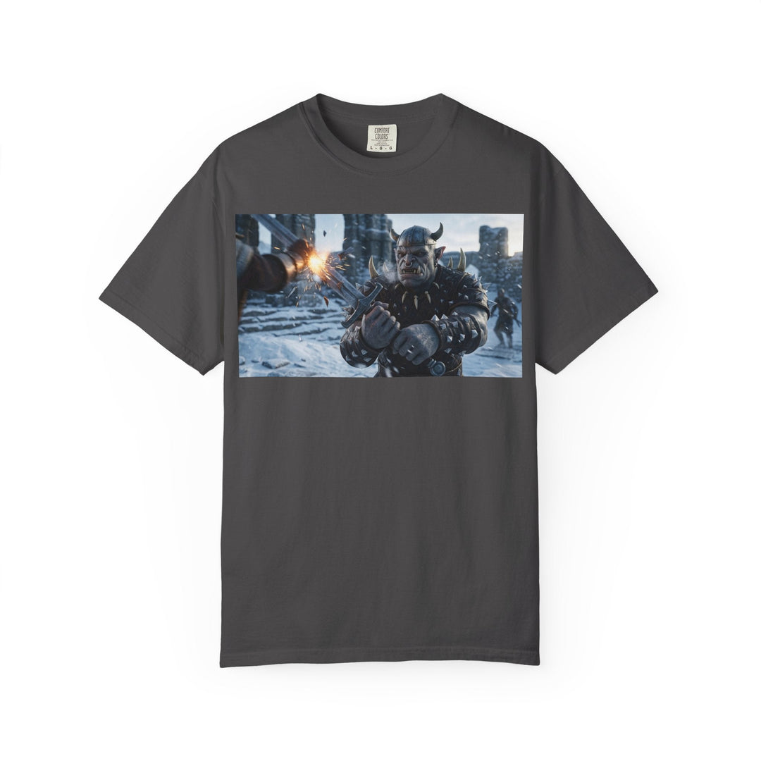 Viking Warrior Battle Scene T-shirt featuring helmeted Norse fighter amid smoke and stone with vintage garment-dyed finish