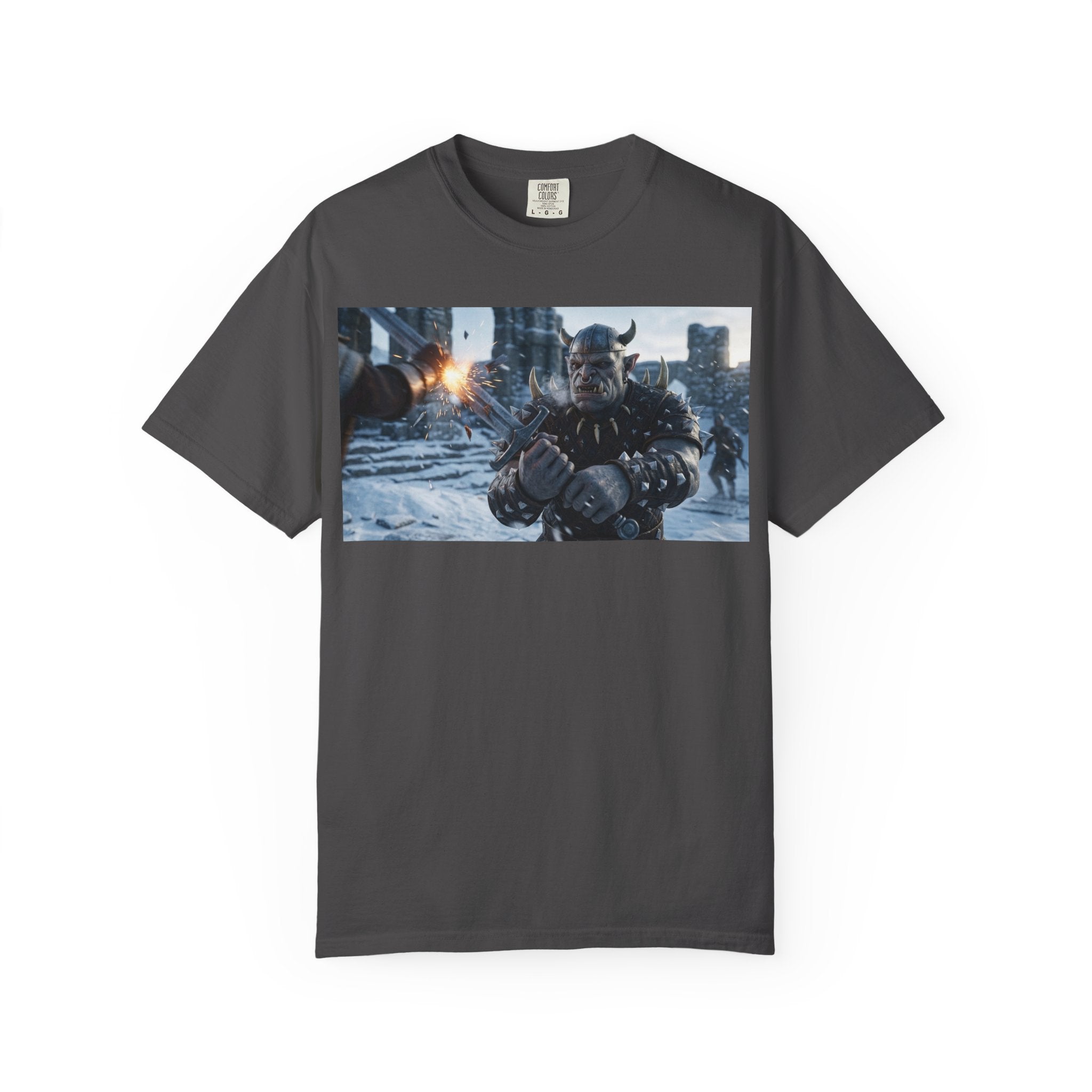 Viking Warrior Battle Scene T-shirt featuring helmeted Norse fighter amid smoke and stone with vintage garment-dyed finish