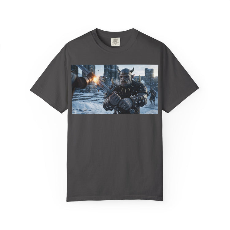 Viking Warrior Battle Scene T-shirt featuring helmeted Norse fighter amid smoke and stone with vintage garment-dyed finish