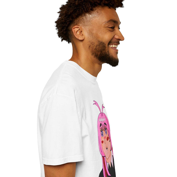 Relaxed fit T-shirt featuring vibrant anime pink-haired girl portrait on plush cotton fabric