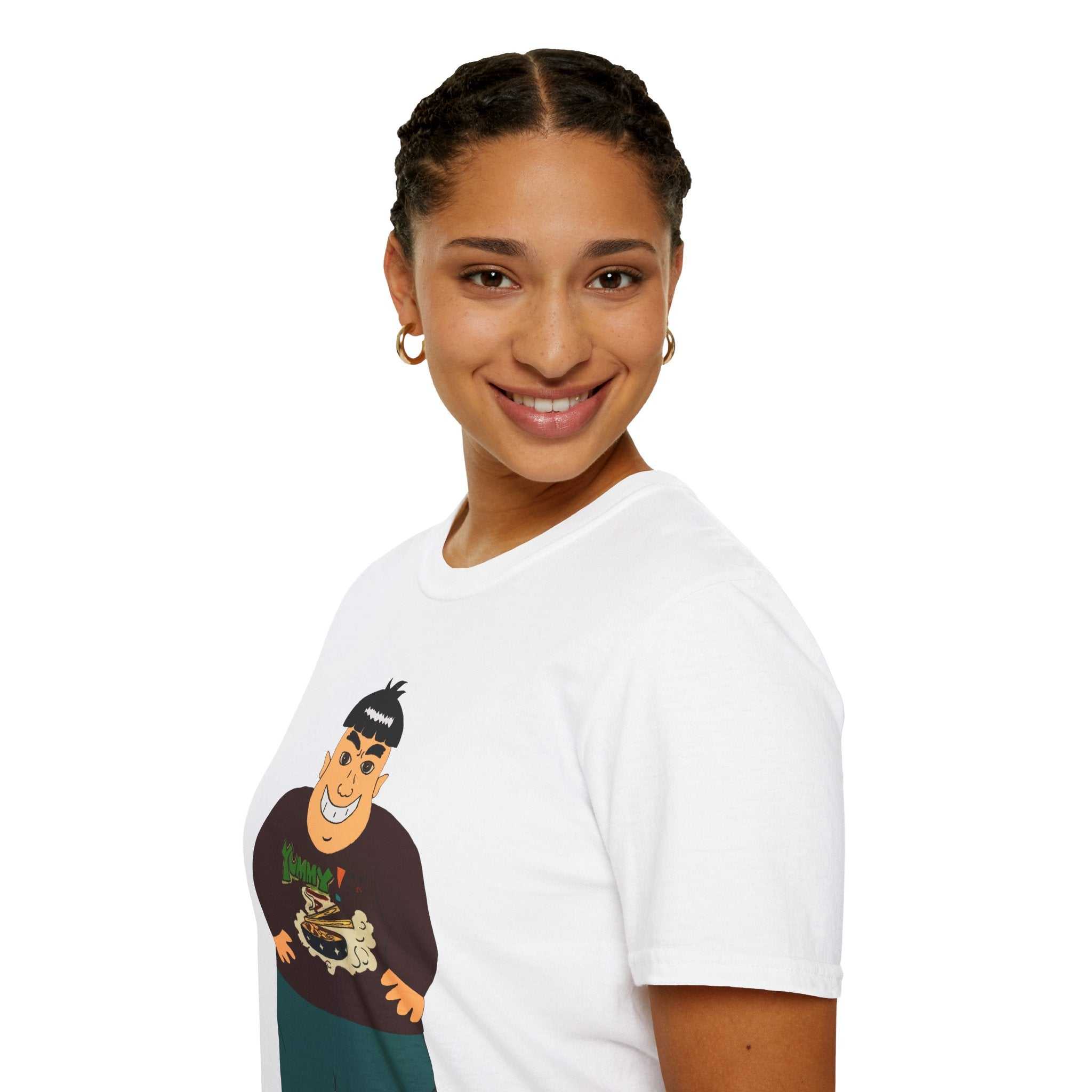 Cartoon big guy eating ramen illustration on a comfortable cotton t-shirt