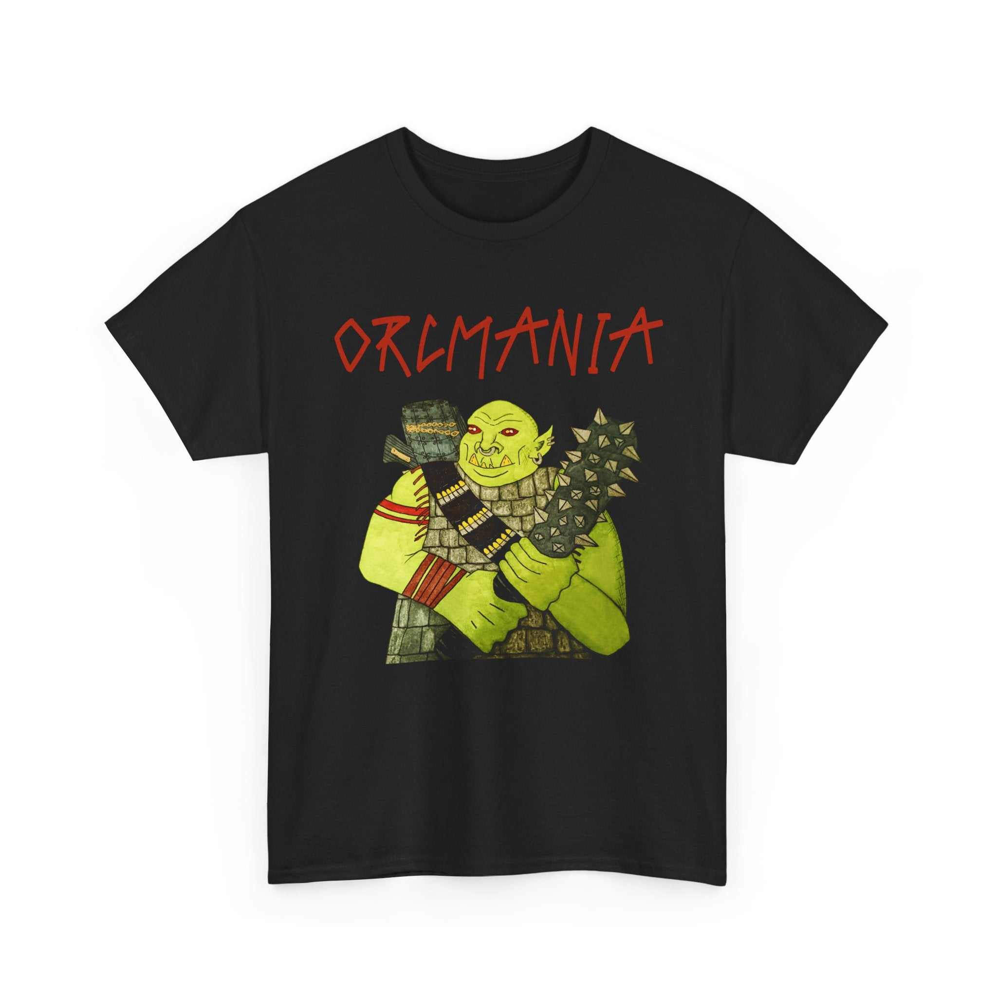 Orc fantasy art T-shirt with bright green orc and ORCMANIA text on medium-weight cotton tee
