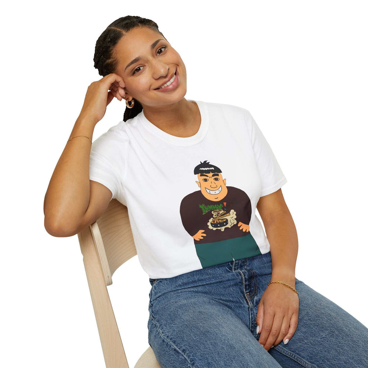 Cartoon big guy eating ramen illustration on a comfortable cotton t-shirt