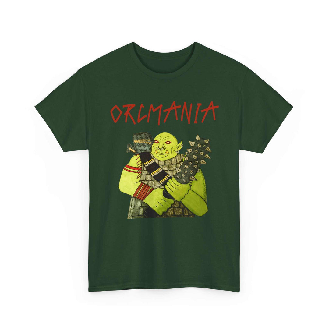 Orc fantasy art T-shirt with green orc and ORCMANIA text on medium-weight cotton
