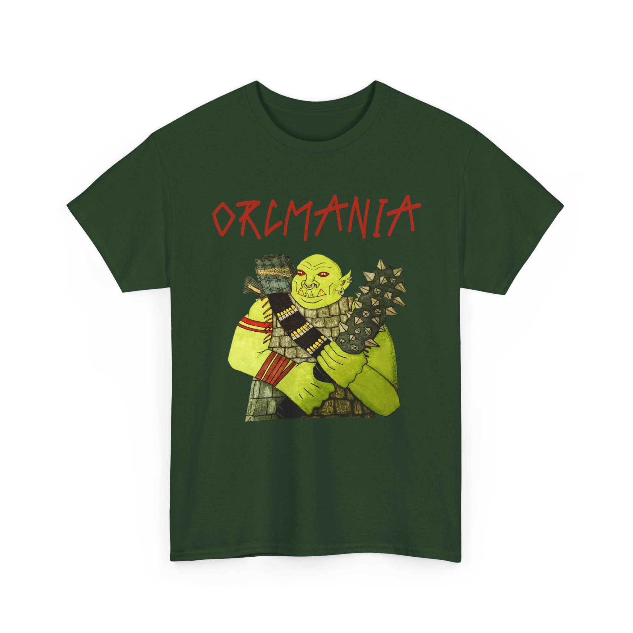 Orc fantasy art T-shirt with green orc and ORCMANIA text on medium-weight cotton