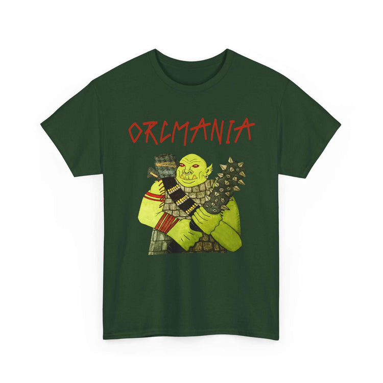 Orc fantasy art T-shirt with green orc and ORCMANIA text on medium-weight cotton