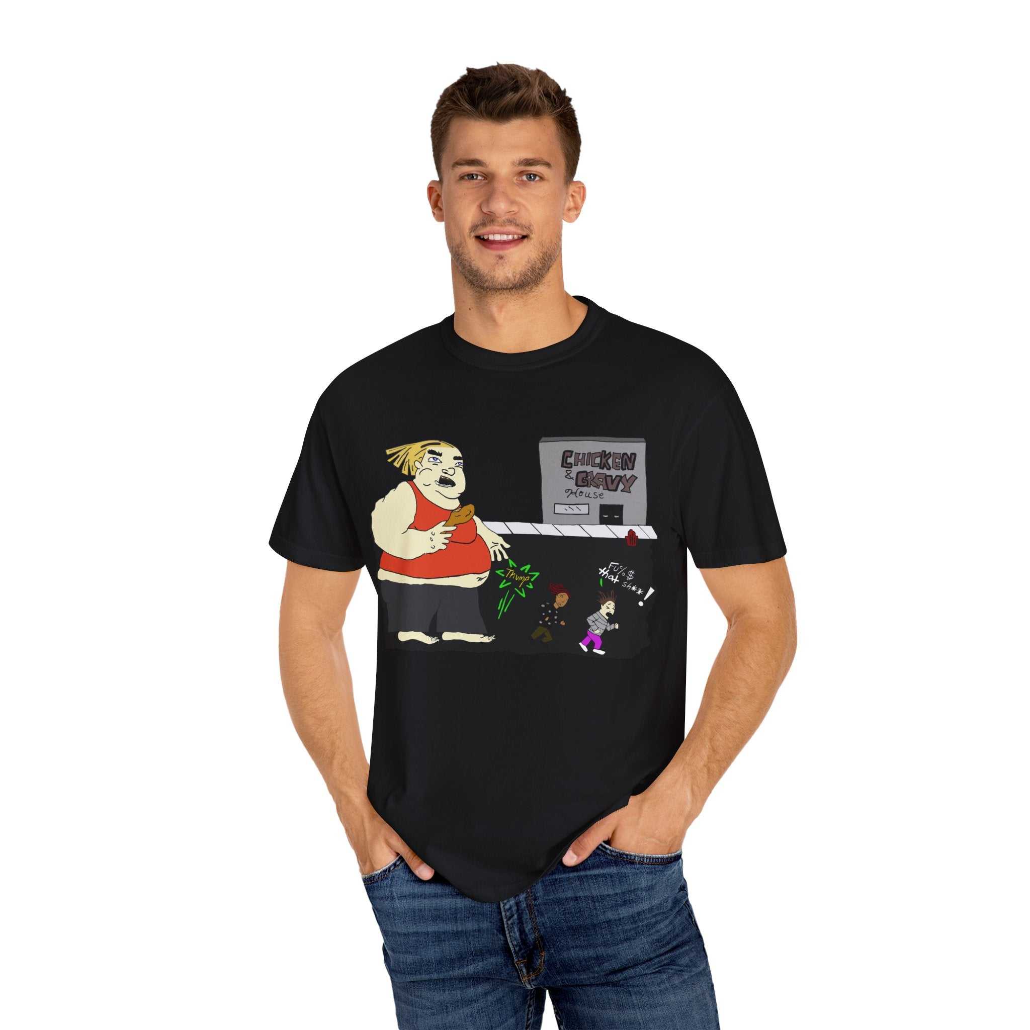 Funny cartoon unisex garment-dyed casual fashion t-shirt in vibrant colors