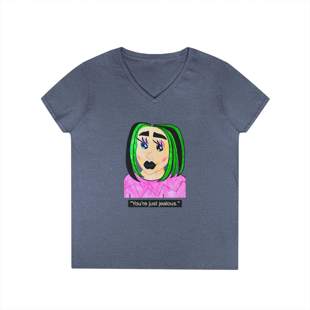 Cyberpunk gothic anime girl V-neck tee featuring layered necklaces and neon green hair design
