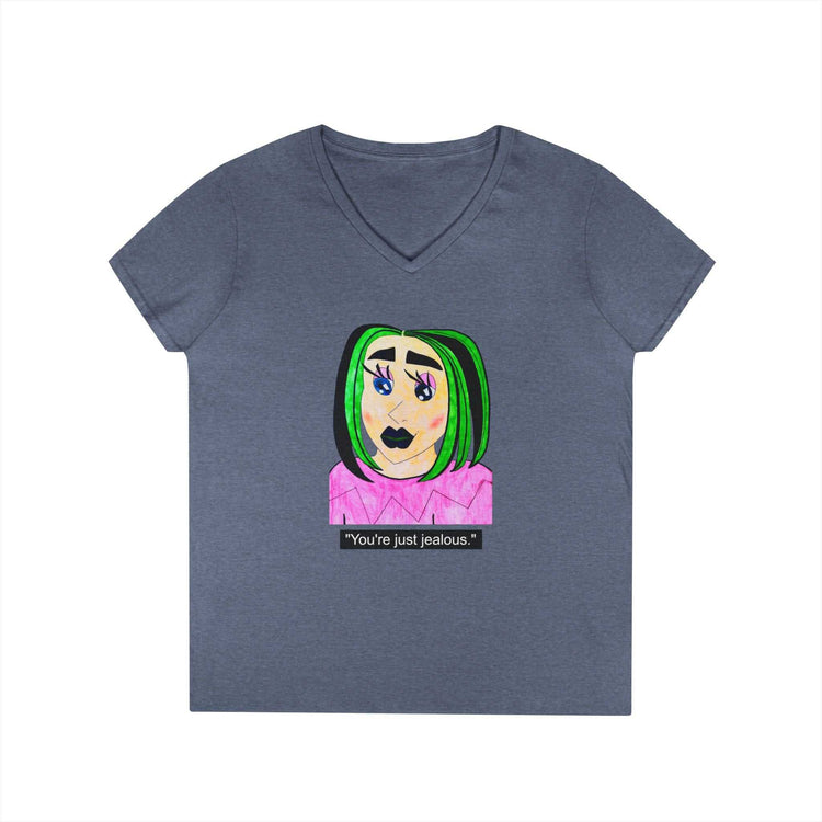 Cyberpunk gothic anime girl V-neck tee featuring layered necklaces and neon green hair design