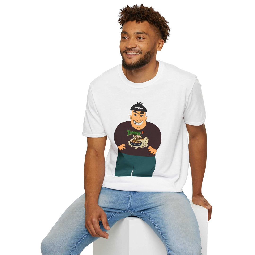 Cartoon big guy eating ramen illustration on a comfortable cotton t-shirt