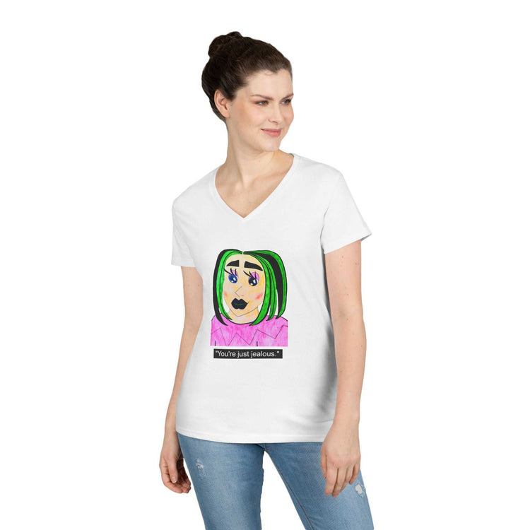 Cyberpunk gothic anime girl V-neck tee featuring layered necklaces and neon green hair design