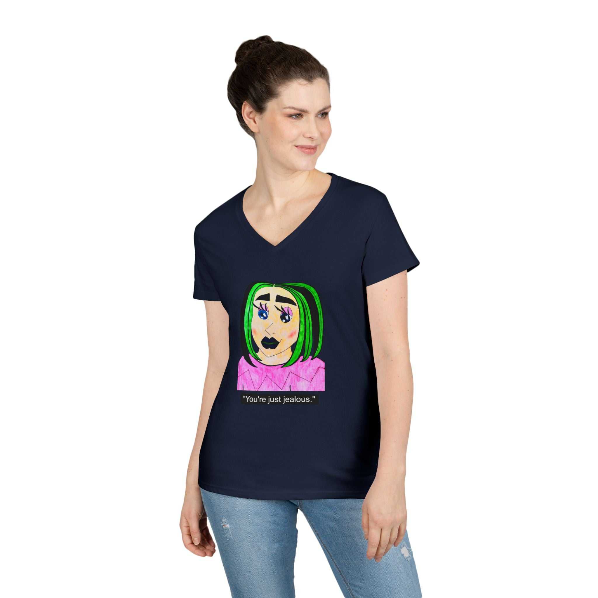 Cyberpunk gothic anime girl V-neck tee featuring layered necklaces and neon green hair design